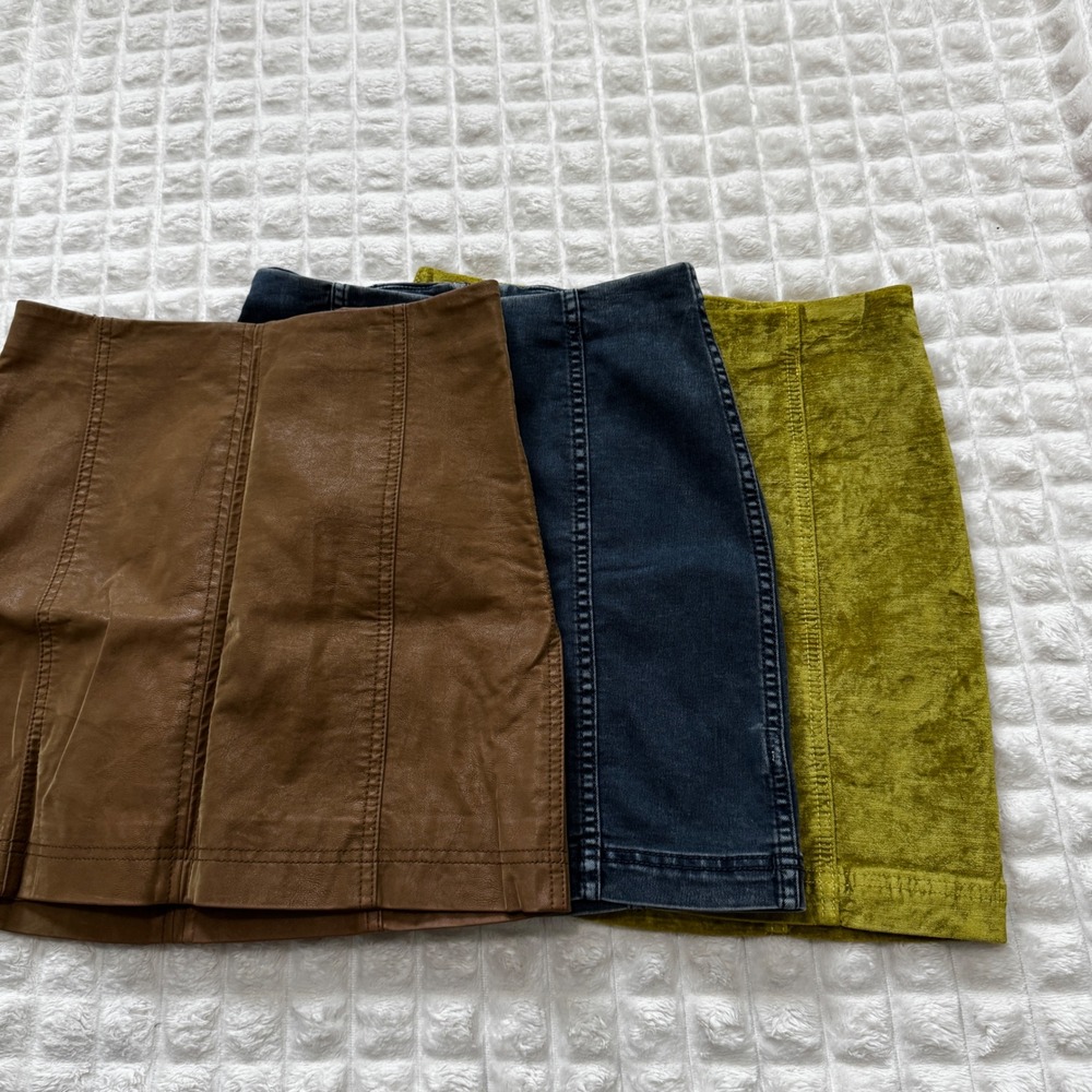 Free People 4 LOT of Three Mini Skirts Coated Brown Velvet Green Denim Bohemian